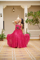 Navratri Special Pink Color Bandhani Print Gown with Gamathi & Real Mirror Work