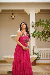 Navratri Special Pink Color Bandhani Print Gown with Gamathi & Real Mirror Work
