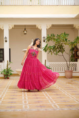 Navratri Special Pink Color Bandhani Print Gown with Gamathi & Real Mirror Work
