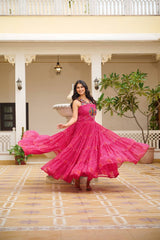 Navratri Special Pink Color Bandhani Print Gown with Gamathi & Real Mirror Work