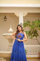 Navratri Special Blue Color Bandhani Print Gown with Gamathi & Real Mirror Work