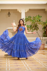 Navratri Special Blue Color Bandhani Print Gown with Gamathi & Real Mirror Work