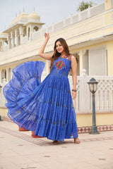 Navratri Special Blue Color Bandhani Print Gown with Gamathi & Real Mirror Work