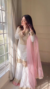 Ceremony Wear Sequence Work White Color Sharara Suit With Dupatta