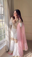 Ceremony Wear Sequence Work White Color Sharara Suit With Dupatta