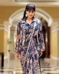 Luxuriant Embroidery Work Blue Color Ready To Wear Saree