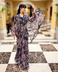 Luxuriant Embroidery Work Blue Color Ready To Wear Saree