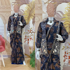 Luxuriant Embroidery Work Blue Color Ready To Wear Saree