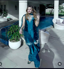 Punjabi Style Teal Blue Embroidery Work Sharara Suit