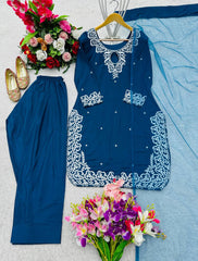 Punjabi Style Teal Blue Embroidery Work Sharara Suit
