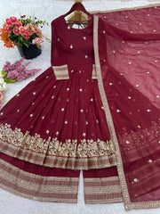 Attractive Maroon Silk Sequence Work Designer Gown