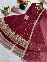 Attractive Maroon Silk Sequence Work Designer Gown