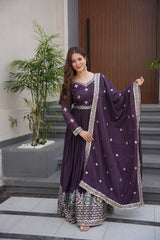 Exotic Purple Diamond Silk Embroidery Work Gown