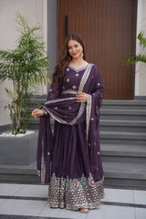 Exotic Purple Diamond Silk Embroidery Work Gown