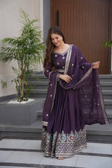 Exotic Purple Diamond Silk Embroidery Work Gown