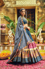 Ravishing Teal Blue Rayon With Foil Print Lehenga Choli