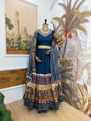 Ravishing Teal Blue Rayon With Foil Print Lehenga Choli