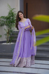 Stylish Lavender Silk Embroidery Work Gown