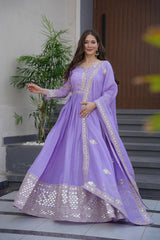 Stylish Lavender Silk Embroidery Work Gown