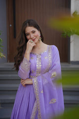 Stylish Lavender Silk Embroidery Work Gown