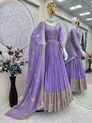 Stylish Lavender Silk Embroidery Work Gown