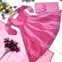 Lovely Pink Organza Foil Work Gown With Palazzo