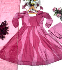 Lovely Pink Organza Foil Work Gown With Palazzo