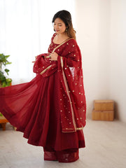 Graceful Red Silk Embroidery Work Gown