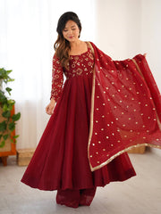 Graceful Red Silk Embroidery Work Gown