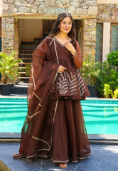 Pretty Brown Color Georgette Embroidered Work Sharara Suit