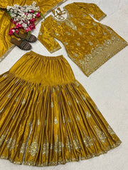 Trendy Mustard Chinon Silk Sequence Work Sharara Suit