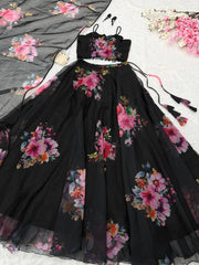 Graceful Black Organza Floral Work Lehenga Choli