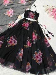 Graceful Black Organza Floral Work Lehenga Choli