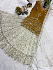 Lovely Golden Chinon Silk Sequence Work Top With Lehenga