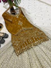 Lovely Golden Chinon Silk Sequence Work Top With Lehenga