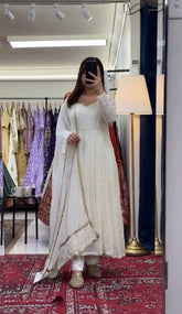 Pretty White Faux Blooming Embroidery Anarkali Suit