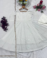 Pretty White Faux Blooming Embroidery Anarkali Suit