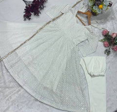 Pretty White Faux Blooming Embroidery Anarkali Suit