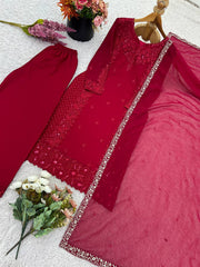 Lovely Maroon Georgette Embroidery Straight Salwar Suit