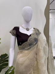 Lovely Cream Organza With Coding Work Saree