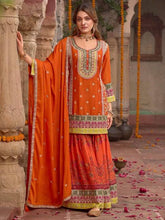 Trendy Orange Chinon Silk with Mirror Work Sharara Suit