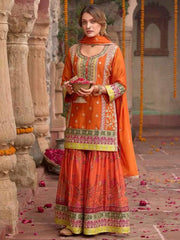 Trendy Orange Chinon Silk with Mirror Work Sharara Suit