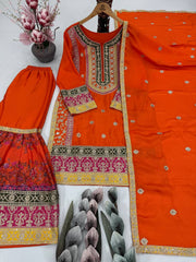 Trendy Orange Chinon Silk with Mirror Work Sharara Suit
