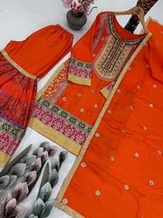 Trendy Orange Chinon Silk with Mirror Work Sharara Suit