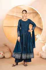 Pretty Blue Faux Blooming Work Anarkali Suit With Palazzo