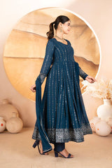 Pretty Blue Faux Blooming Work Anarkali Suit With Palazzo