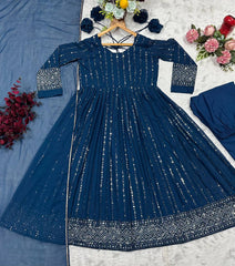 Pretty Blue Faux Blooming Work Anarkali Suit With Palazzo