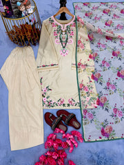 Attractive Beige Crepe Embroidery Palazzo Suit