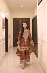 Lovely Brown Chinon Silk Embroidery Work Palazzo Suit