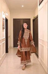 Lovely Brown Chinon Silk Embroidery Work Palazzo Suit